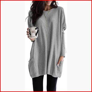 Long Sleeve Crewneck Tunic Sweatshirt Dress with Side Pockets